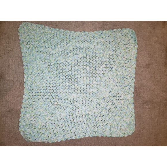 Beautiful Hand Crocheted Blue/Green/White Baby Blanket- 31" x 32" - Picture 5 of 8